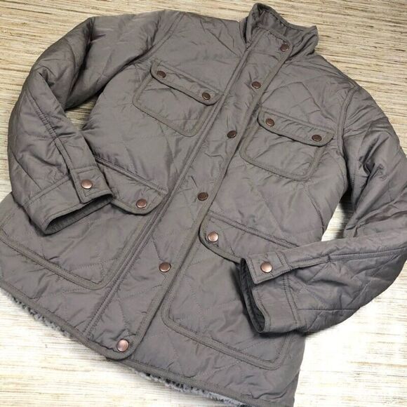 X-111~ Thread & Supply Womens Jacket Coat Gray Snaps Flap Pockets Mock Neck XS - Picture 1 of 5